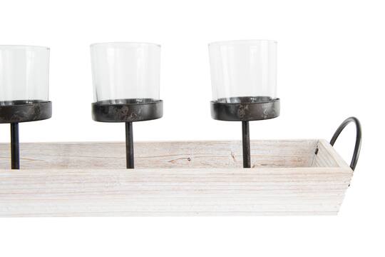 Hello Honey® Rectangle Wood Tray Holder with 5 Clear Glass Votive Candleholders